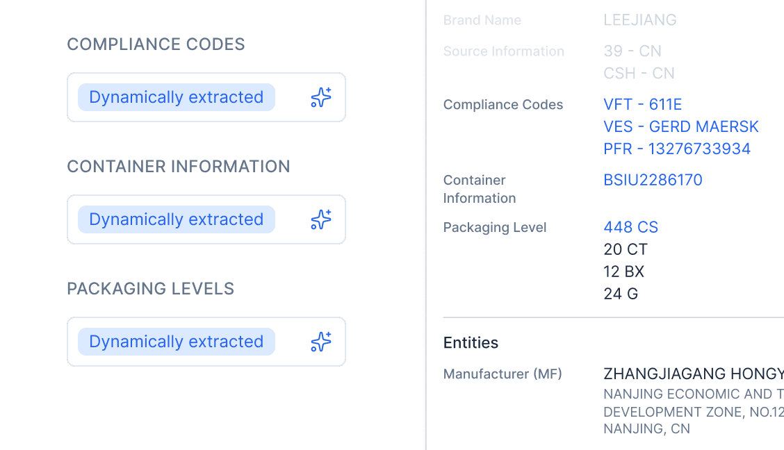 PGA dynamic variables extracted from shipment documents for each entry.