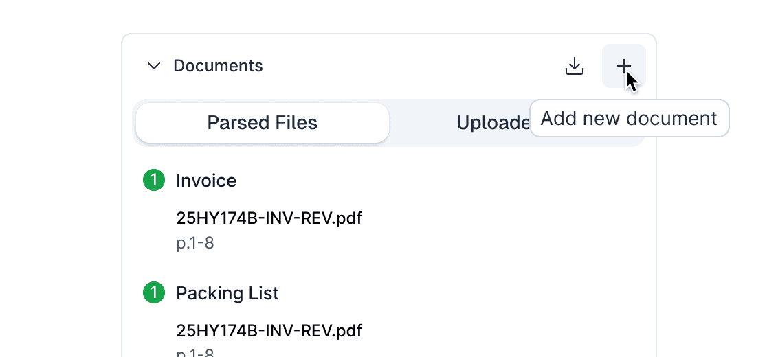 Retroactive uploads — add documents to existing declarations.