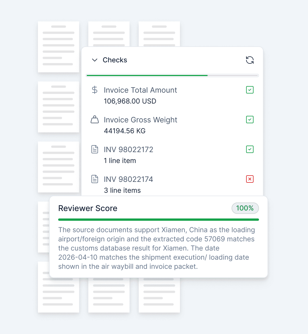 Cross-document checks and validation before filing.
