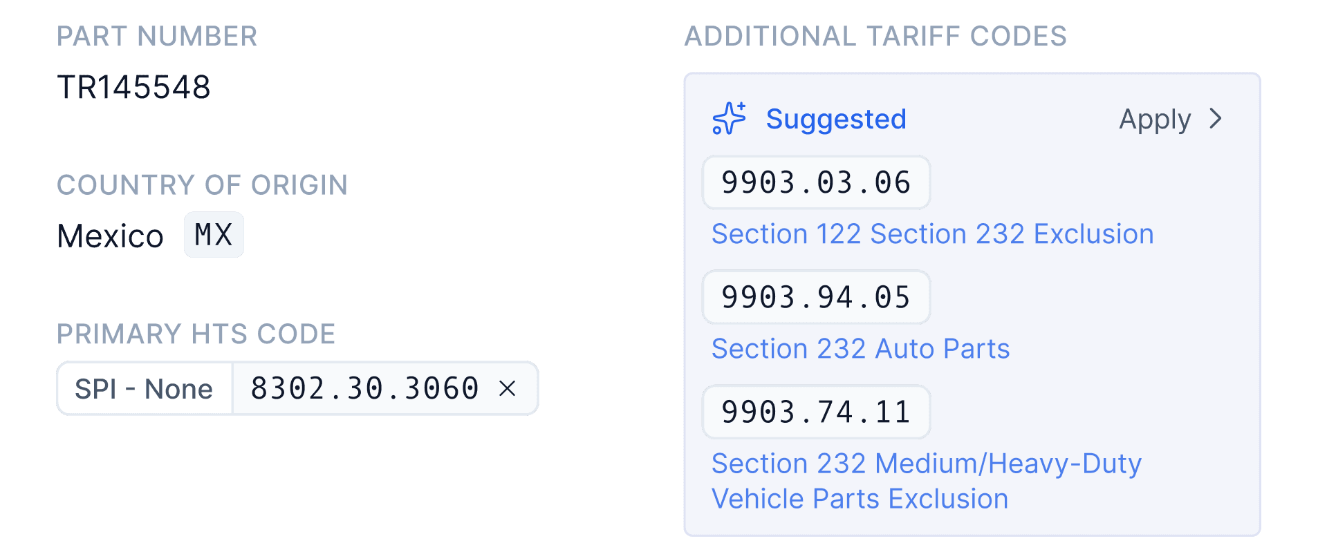 Additional tariff codes interface