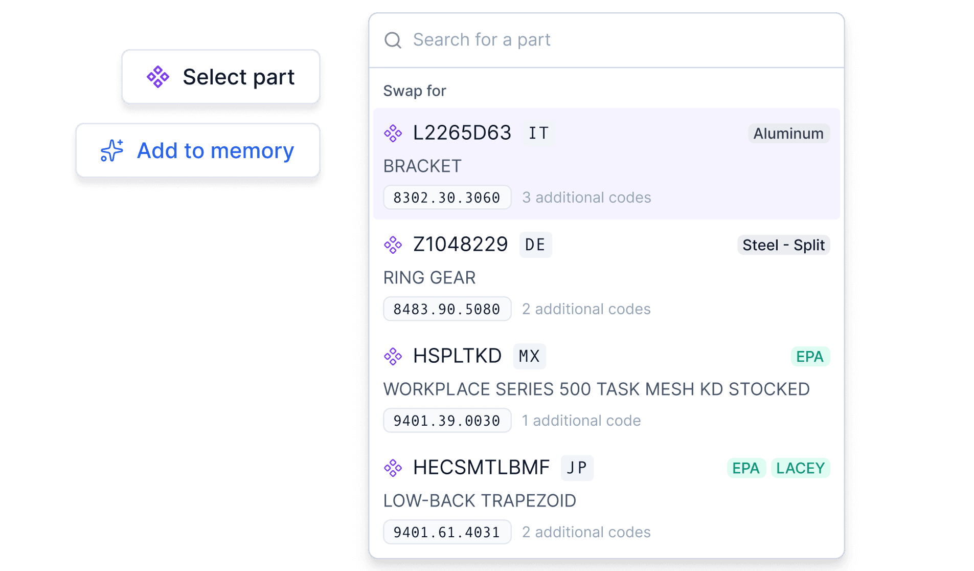 Parts library selection interface