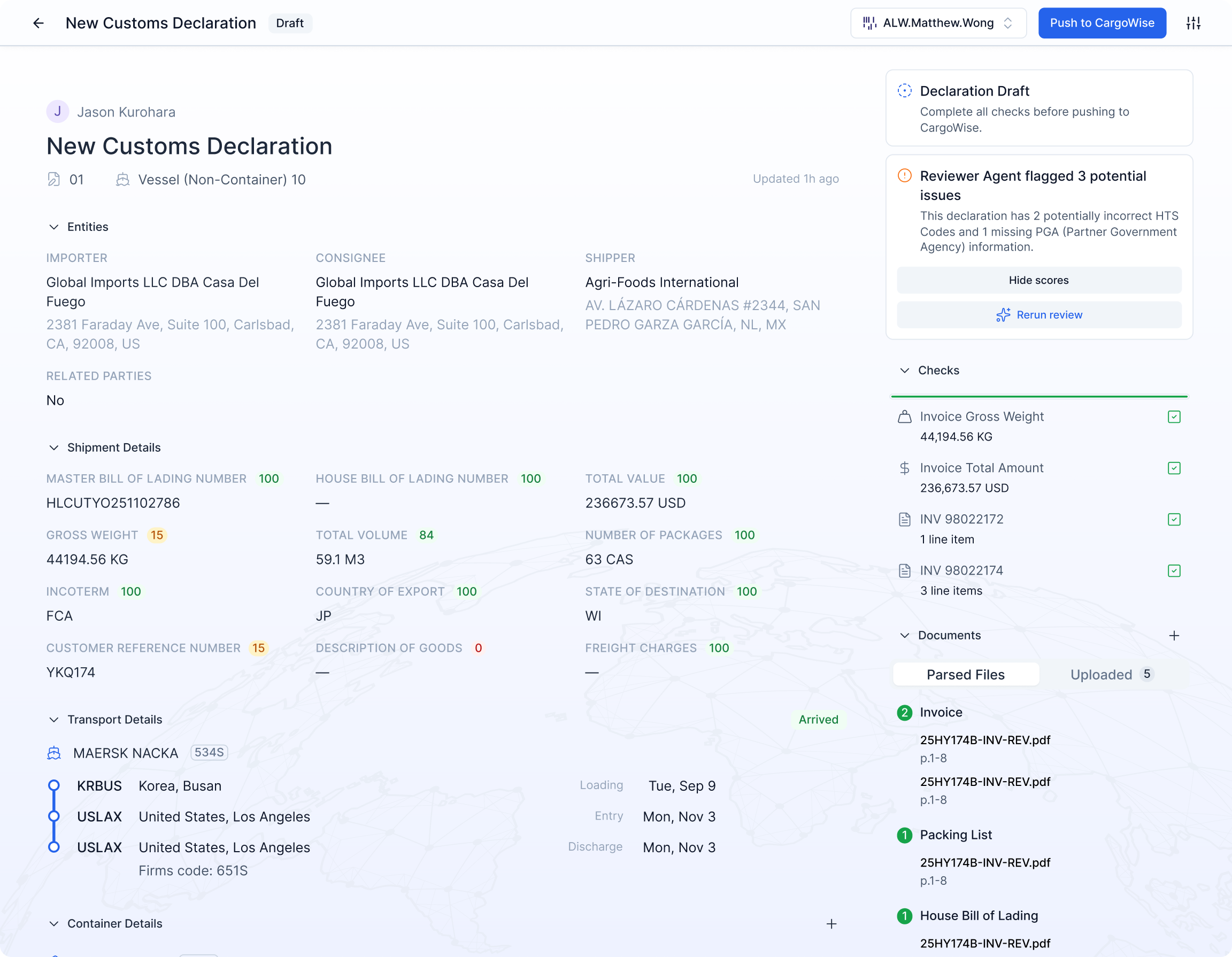 Cervo customs declaration workspace showing draft-ready entry data